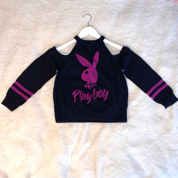 PLAYBOY Rare Vintage Y2K Women Black Purple Cutout Shoulder Small Knit Sweater - Picture 1 of 4